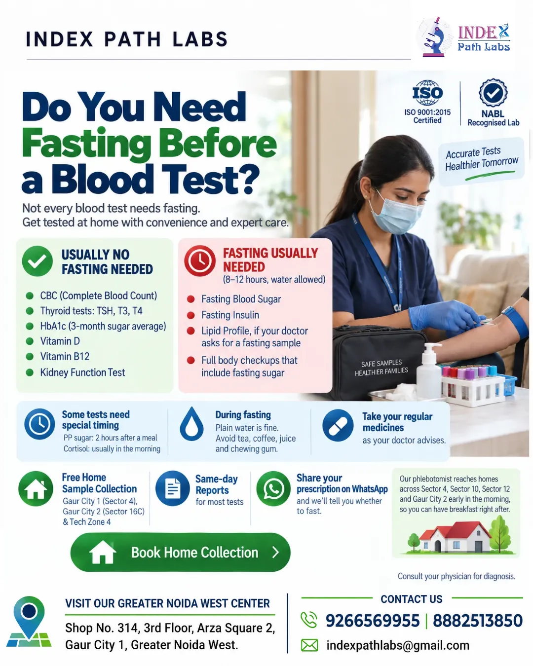 Chart of blood tests that need fasting and tests that do not, Index Path Labs, Gaur City 1, Greater Noida West