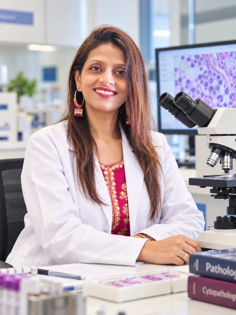 Dr. Ayesha K, female pathologist who performs FNAC at Index Path Labs, Gaur City 1, Greater Noida West